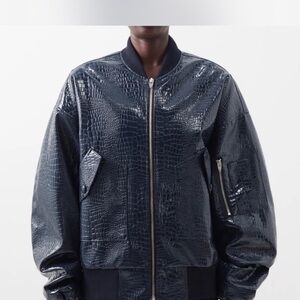 The Frankie Shop Navy Crocodile-Textured Bomber Jacket
